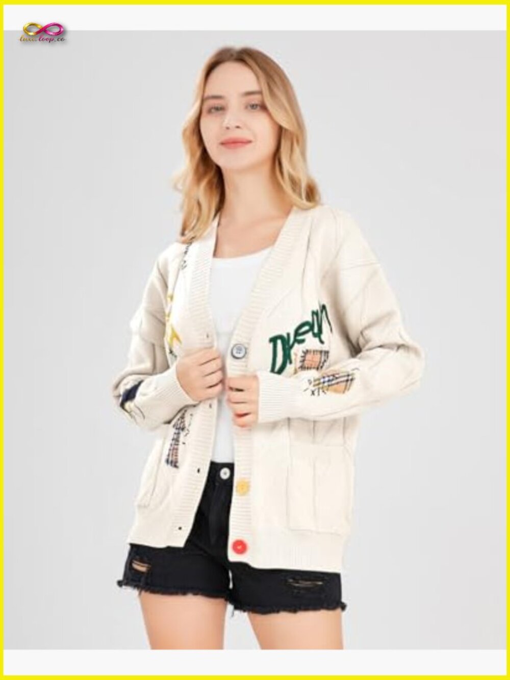 Cable Knit Cardigan Sweater Open Front V-Neck Embroidery Button Down Wool Blend - Picture 4 of 7